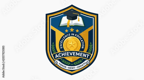 Educational Achievement Emblem: A prestigious emblem symbolizing academic excellence, featuring a graduation cap, an open book, and stars, representing honor, merit, and growth in education.