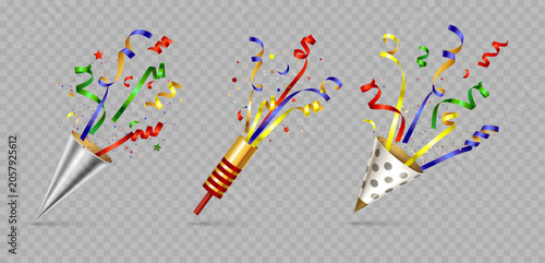 Party popper vector set with colorful confetti streamers and metallic cones, realistic 3D celebration crackers for birthday, carnival, wedding, festival and event design
