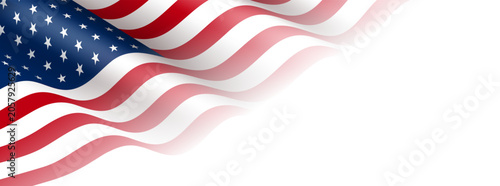 Tableau sur toile USA flag background with waving American banner, red white blue patriotic stripes and stars, realistic national symbol for Independence Day, election, veteran or Memorial poster