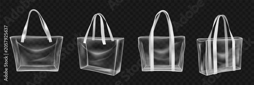 Transparent tote bags with white handles, realistic clear PVC shopper mockups for retail packaging, boutique merchandise, beach travel and promotional product presentation. Vector set
