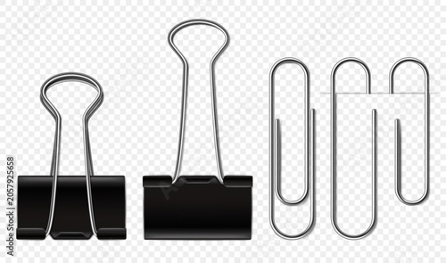 Foto Binder clips and paper clip 3D realistic vector with black metal clamp and silver wire stationery supplies, isolated on transparent background for office document organization