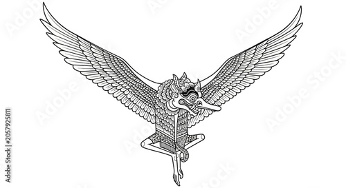 Fotografi Mythical winged creature with an ornate body and bird-like head in flight