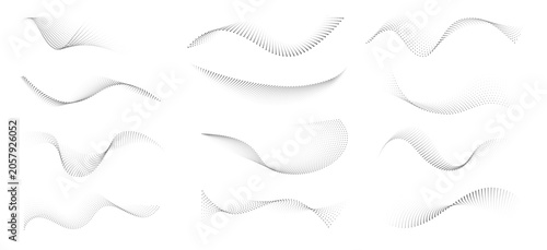 Принти на полотні Dotted halftone wave vectors with abstract flowing particle curves, monochrome w