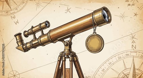 Принти на полотні Vintage Brass Telescope on Tripod, Navigational Map Background