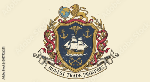 Photos Vintage Emblem with Ship, Globe, Lion, Caduceus: Honest Trade Prosper