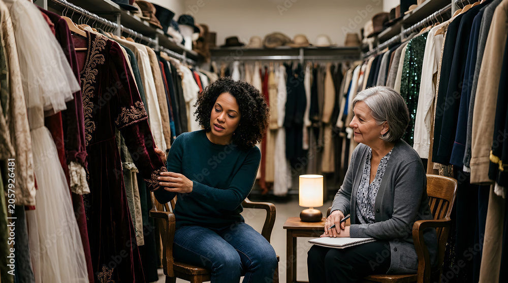 Obraz premium Two women chatting in clothing store in natural warm lighting for fashion business