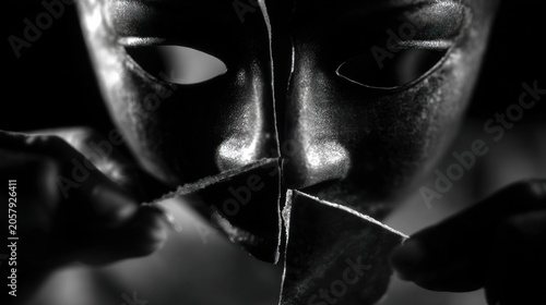 Close up of a theatrical mask with pieces being separated in black and white
