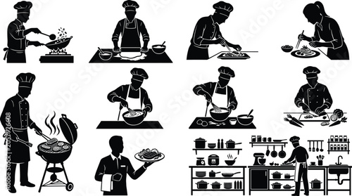 Professional Chef and Cooking Silhouette Collection Featuring Food Preparation Kitchen Service and Culinary Activities