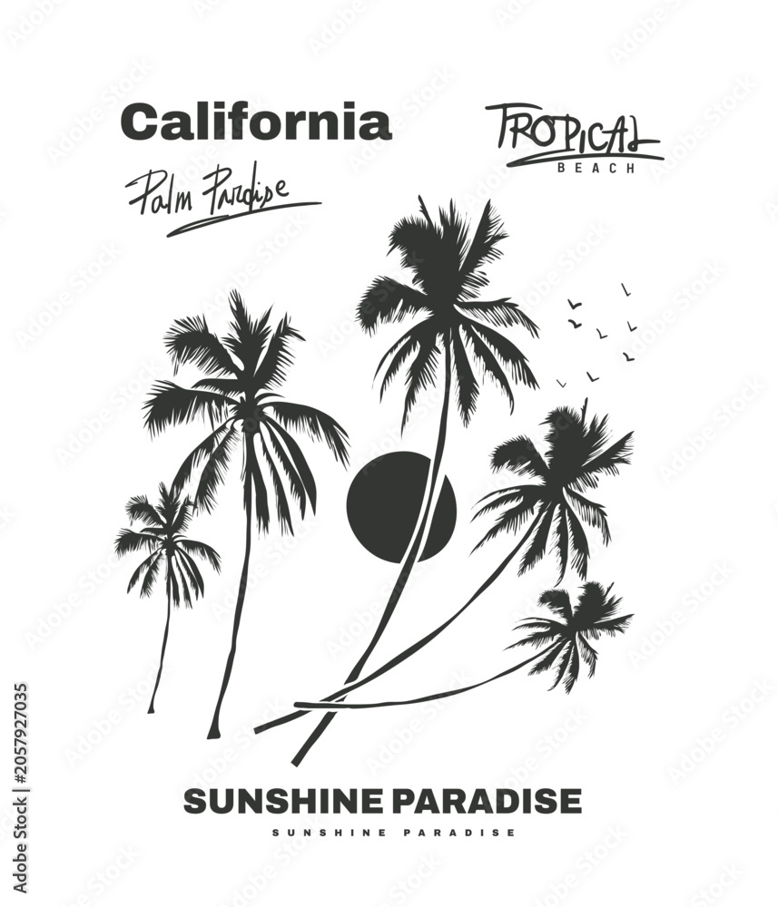 Obraz premium California Palm tree Paradise. Tropica Beach. Sunshine Paradise. hand drawing palm tree artwork. summer t-shirt design. minimal palm tree artwork. 