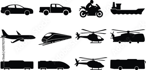 Obraz na płótnie Transportation Vehicle Silhouette Collection Featuring Car Truck Motorcycle Ship