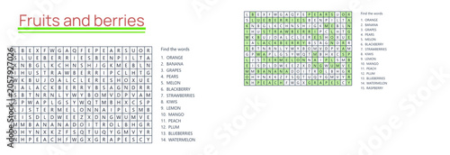 Word search puzzle with fruits and berries listed in grid format  
