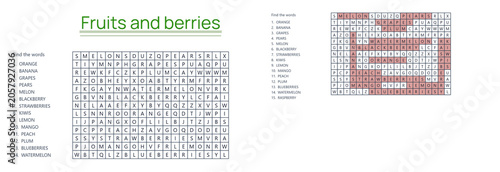 Fruits and berries word search puzzle with completed answers  