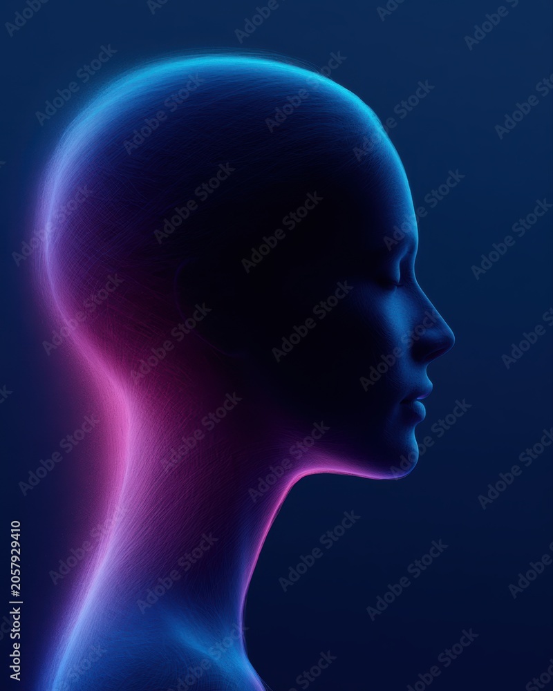 Obraz premium neon female profile silhouette, digital identity concept, futuristic glow