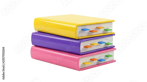Vector illustration of stack of three colorful books with bookmarks on a transparent background