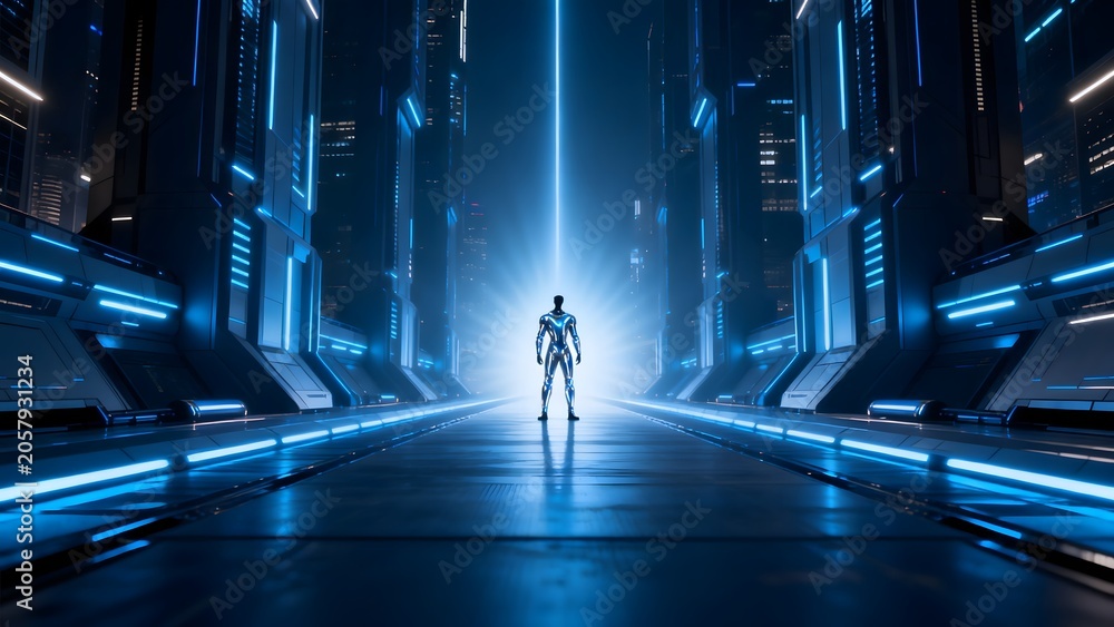 Fototapeta premium Futuristic corridor with humanoid figure