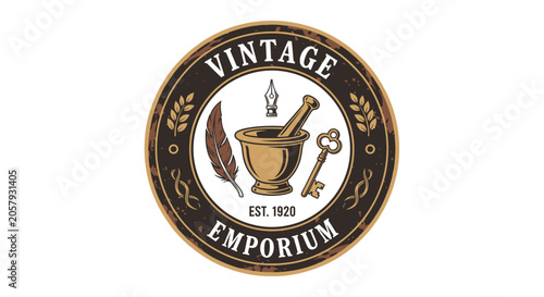 Foto Vintage Emporium Logo: Mortar, Pestle, Feather Pen, Old Key, Established 1920