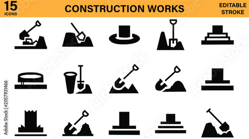 Fotografie Set of fifteen professional black construction works icons depicting various dig
