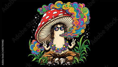 Εκτύπωση καμβά Psychedelic Mushroom Character Exhaling Trippy Colorful Smoke