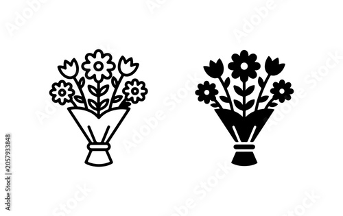 Flower Bouquet Icons, Floral Arrangement Vector Graphics, Romantic Gift Symbols