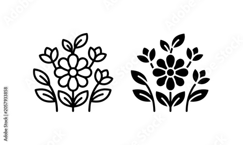 Floral Icon Set, Simple Flower Emblems, Botanical Vector Graphics