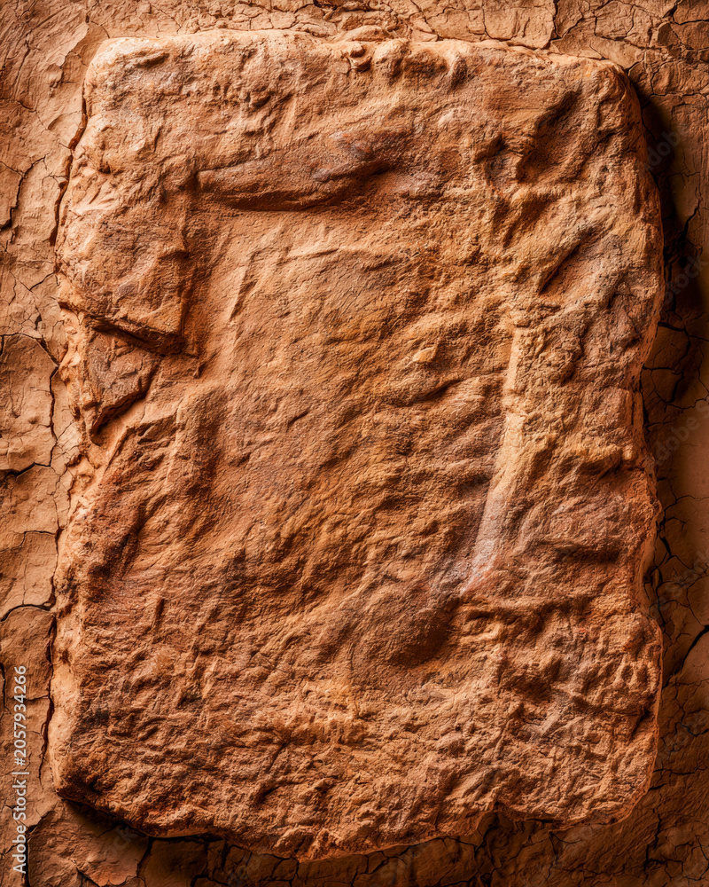 Fototapeta premium Weathered Terracotta Clay Tablet With Ancient Carved Relief Texture