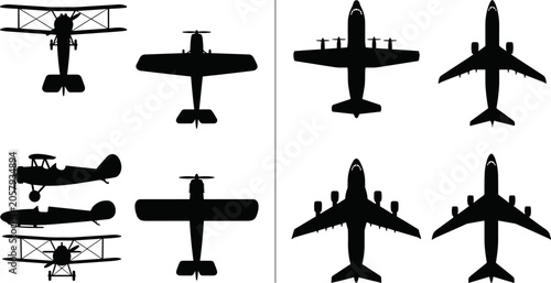 Fotografi Vintage and Modern Airplane Silhouette Collection Featuring Biplane Propeller Ai