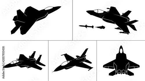 Schilderij op canvas Modern Fighter Jet Silhouette Collection with Military Combat Aircraft and Missi
