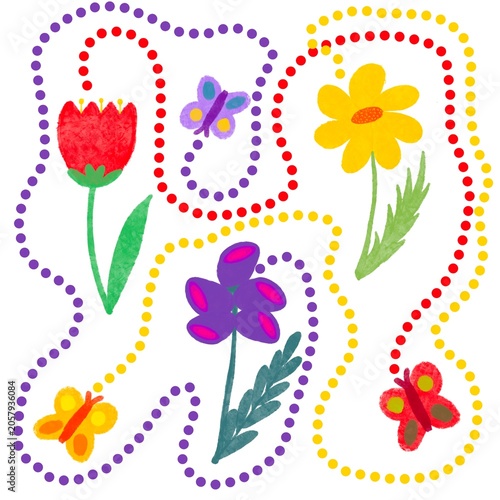 A fun labyrinth maze for kids. Find your flower and butterfly by color. A collection of educational games for children. Hand-drawn illustration.

