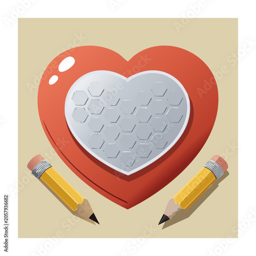 Red heart with pencils and hexagon pattern illustration
