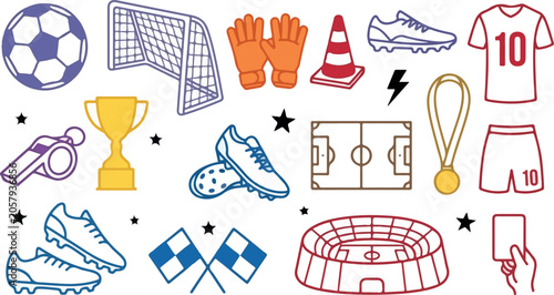 Vector football of illustration set with soccer ball, goal, jersey, boots, gloves, trophy, stadium, medal, and field. Perfect for t-shirts, posters, stickers, sports graphics, and merchandise