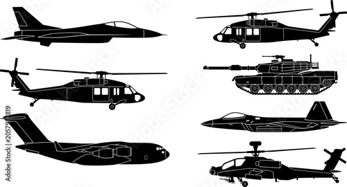 Military Aircraft, Helicopter and Armored Vehicle Silhouette Collection Featuring Modern Defense Aviation and Ground Combat Systems