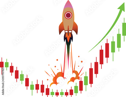 Rocket launching from a stock market candlestick chart showing upward trend