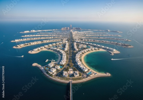 Aerial view of the palm jumeirah island in dubai, united arab emirates, featuring luxury villas, hotels, and turquoise sea water at sunset