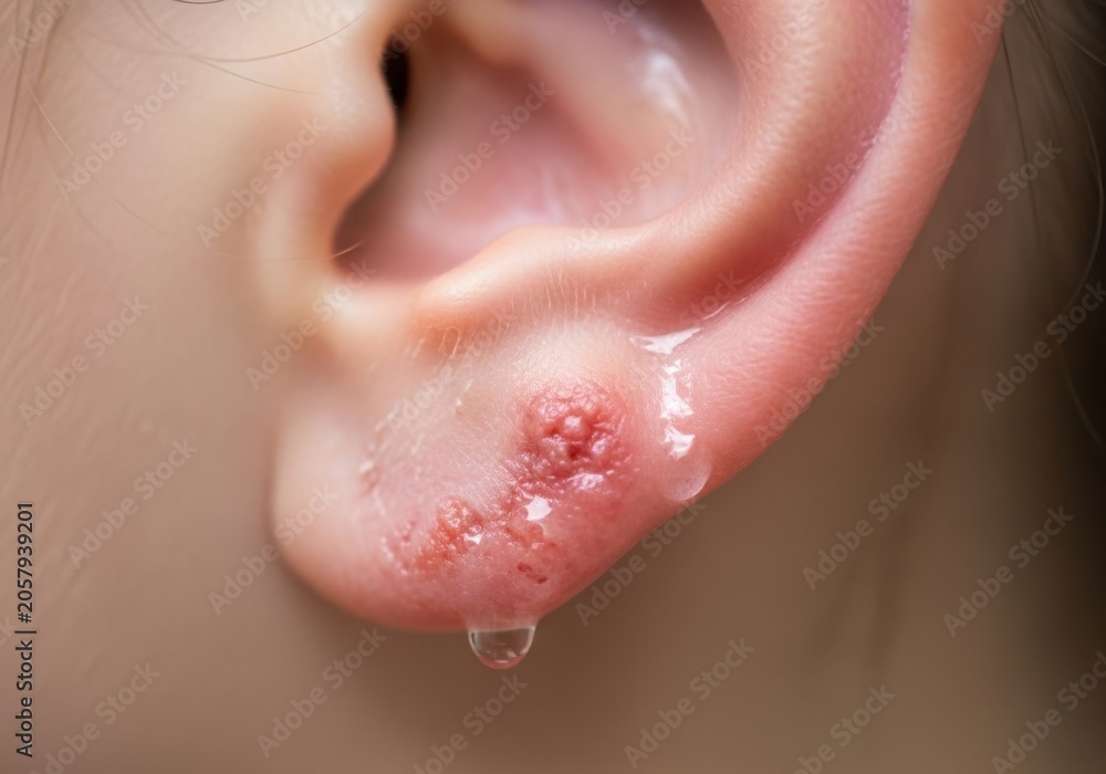Fototapeta premium Closeup of an infected earlobe with weeping sores and inflammation