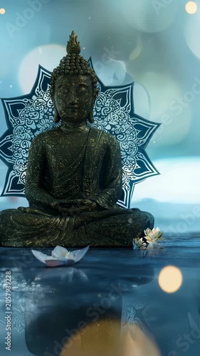 Golden Buddha statue meditating near lotus flower on tranquil water. Spiritual zen background with mandala and soft light bokeh effect for yoga and meditation. Vertical video