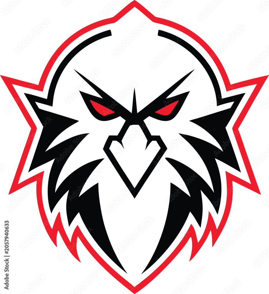 Fototapeta premium Ferocious stylized owl or eagle head logo featuring glowing red eyes and powerful jagged lines for branding