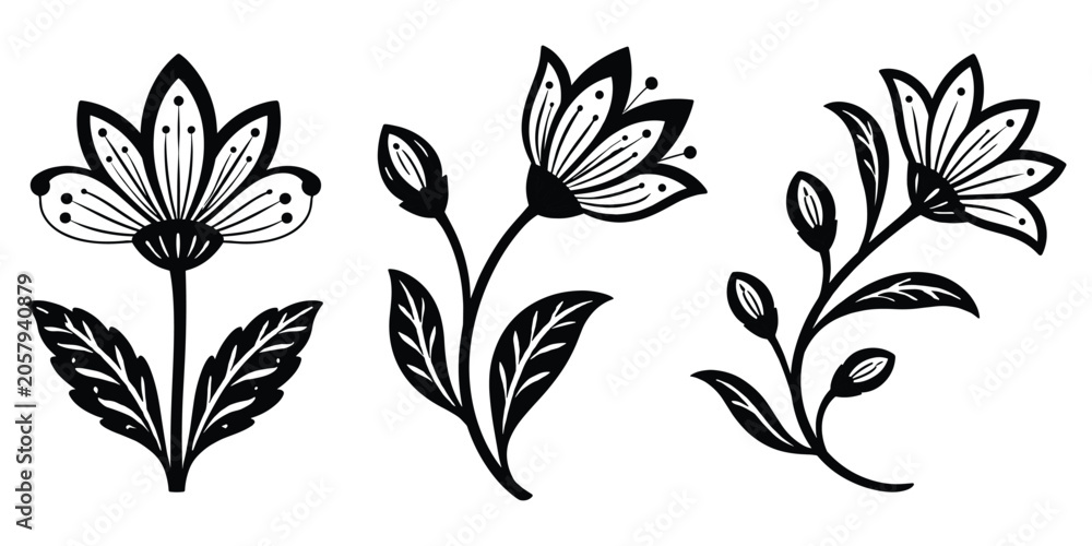 Obraz premium Decorative hand drawn floral elements featuring blooming flower stems.