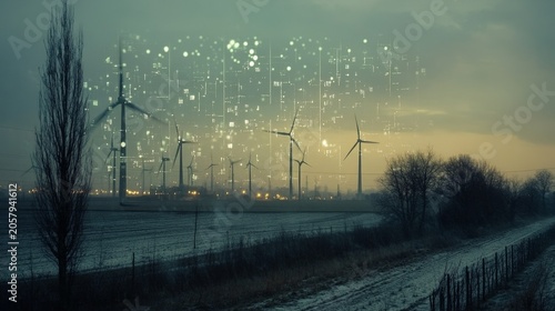 Double exposure of a rural wind farm with digital data overlay at dusk, featuring wind turbines and glowing weather statistics over a misty evening landscape.