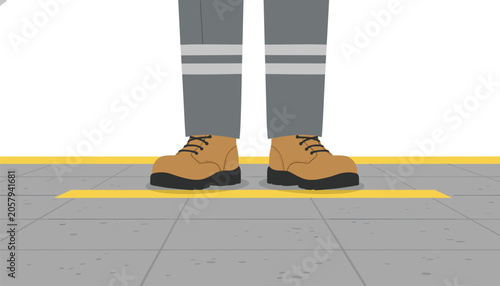 Worker boots standing on a yellow line painted on a gray tiled floor to indicate a designated safety zone or walking path in an industrial facility.