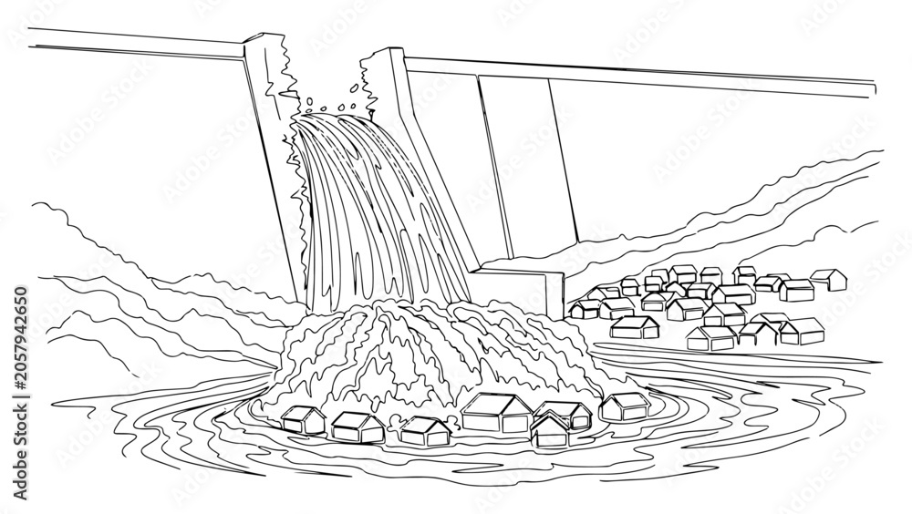 Fototapeta premium Dam Bursting and Flooding Small Village One Line Drawing, Infrastructure Failure and Natural Disaster Vector Illustration