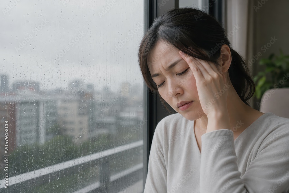 Fototapeta premium 雨の窓辺でこめかみを押さえる気圧頭痛の女性
