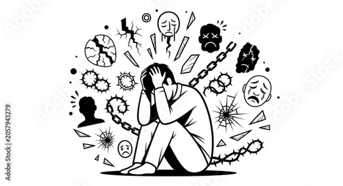 Foto Man suffering from mental health issues surrounded by negative thoughts