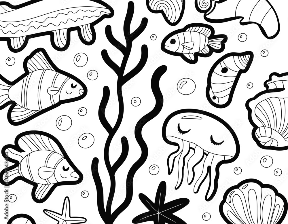 Obraz premium Seamless fish pattern vector illustration featuring cute cartoon marine life with ocean sea animals tropical aquarium texture beach summer wallpaper design