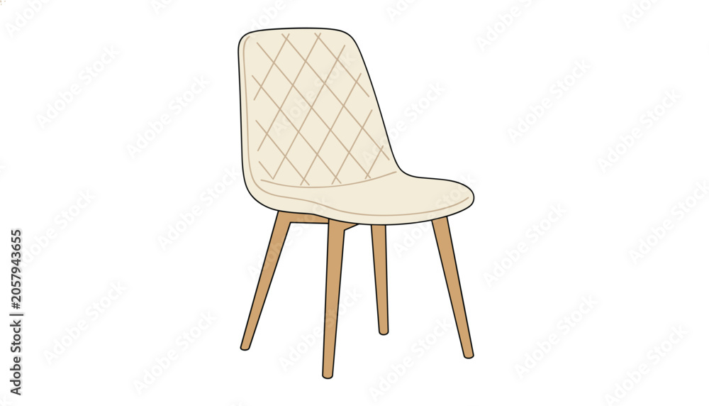 Naklejka premium Beige dining chair featuring a diamond-quilted backrest pattern and simple wooden legs, isolated on a clean white background.
