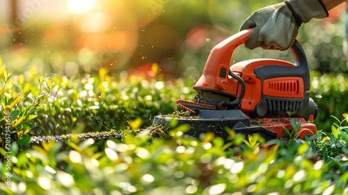 Gardener using electric trimmer to shape vibrant green hedge in sunny outdoor garden setting