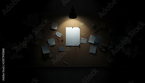 A shadowy investigative room where a corkboard covered in scattered case notes is mostly obscured in darkness, except for a tight, dramatic spotlight centered on a single blank sheet of paper pinned 
