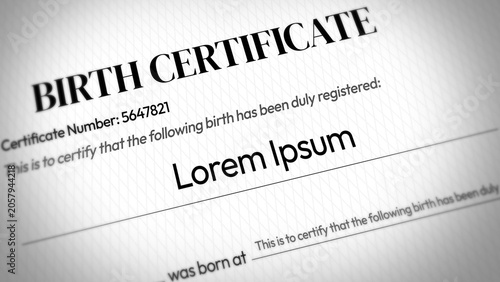 Cuadro en lienzo Blurred birth certificate document with placeholder text and certificate number