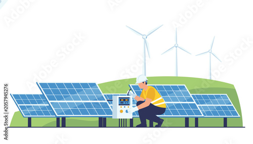 Technician in protective gloves adjusting an electrical control box at a solar farm with wind turbines on a grassy hill, supporting sustainable energy grid operations.