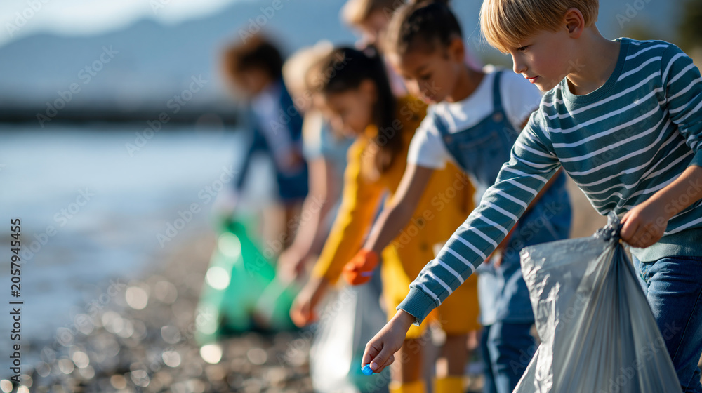 Obraz premium Diverse group of children in colorful outfits collecting plastic litter and trash from a beach into large bags, sunshine and ocean in the background, defocused shoreline in