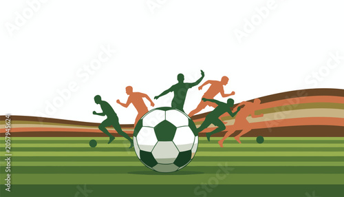 Soccer players sprinting across a green field toward a large central ball with abstract layered earth-tone background elements competitive team sports action.
